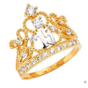 14KT GOLD CZ 15 YEARS CROWN RING SIZE 7 QUINCEAÑERA